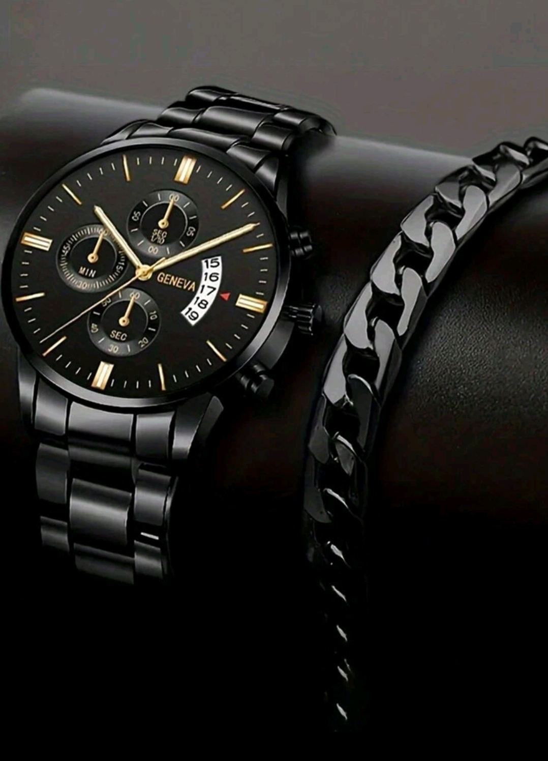 RELOJ HOMBRE MANECILLAS AMARILLAS CON PULSERA DE ACERO INOXIDABLE NEGRO AMBOS R29